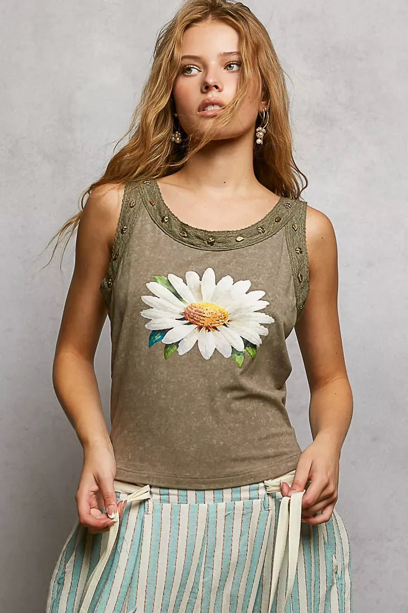 POL Washed Floral Stud Round Neck Slim Tank