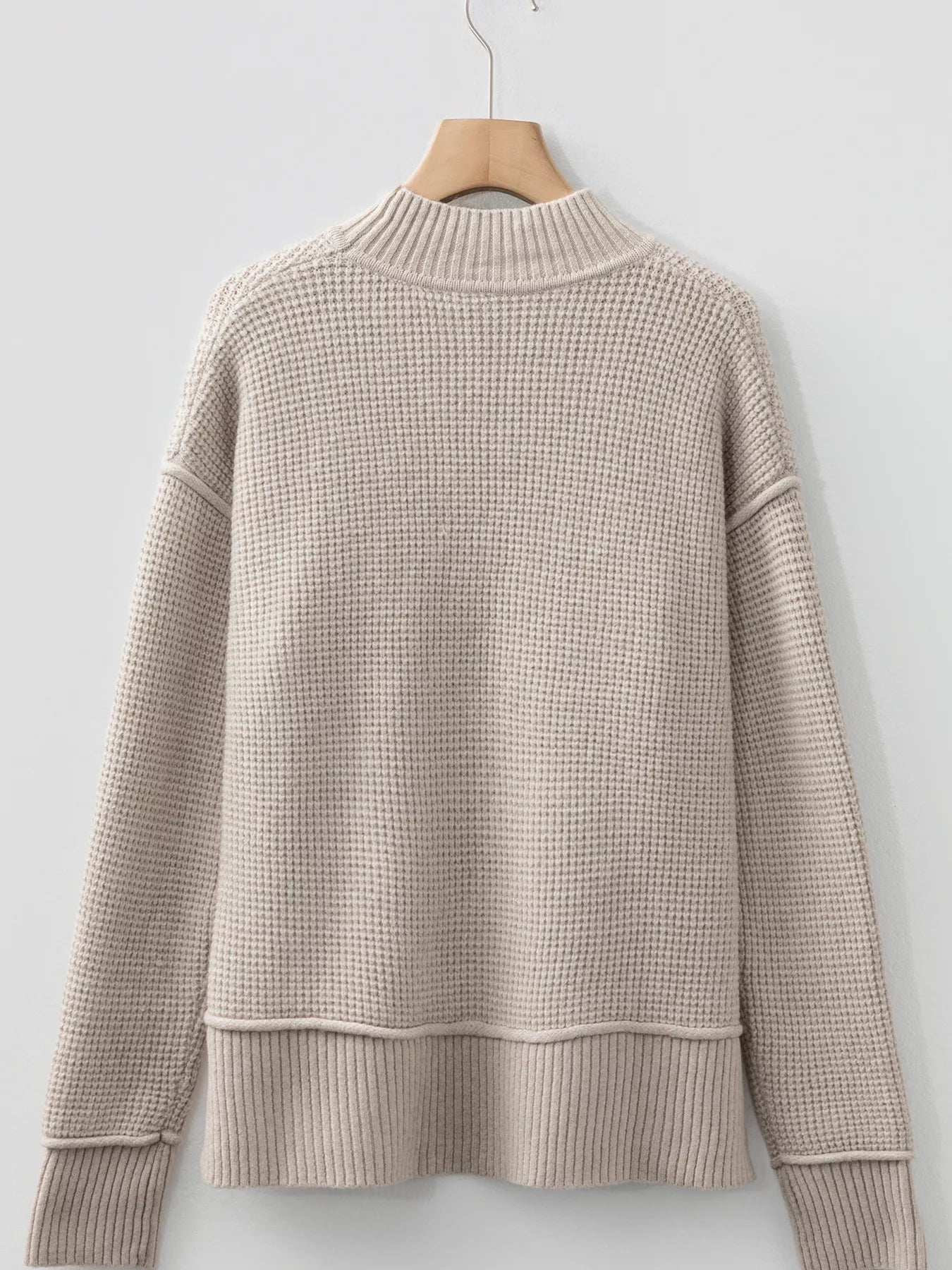 Waffle Texture Knit Ribbed High Neck Drop Shoulder Sweater