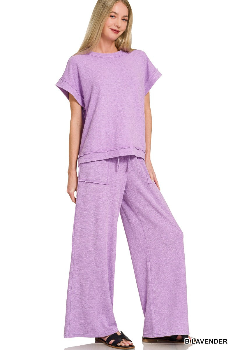Zenana Washed Slub Short Sleeve Tee & Long Pants Set