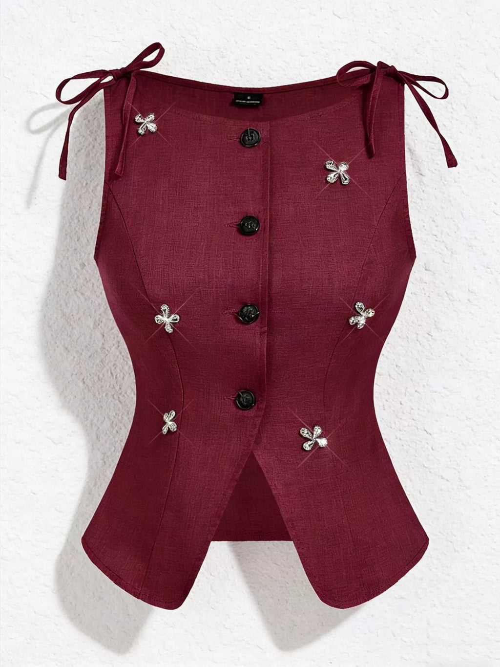 Button-Front Floral Decor Tie Shoulder Vest