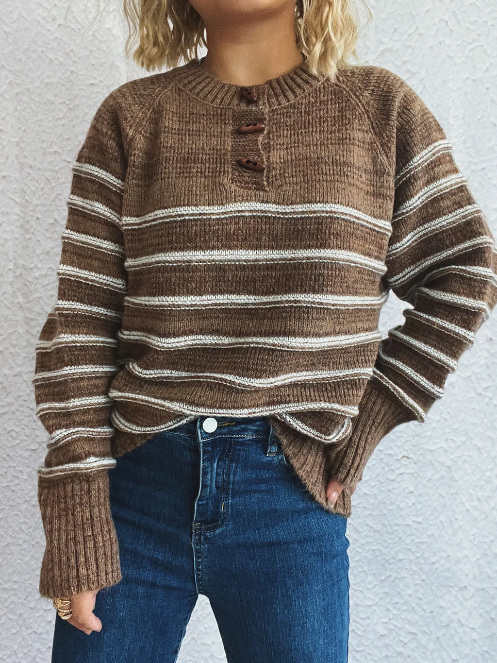 Striped Button Detail Long Sleeve Sweater
