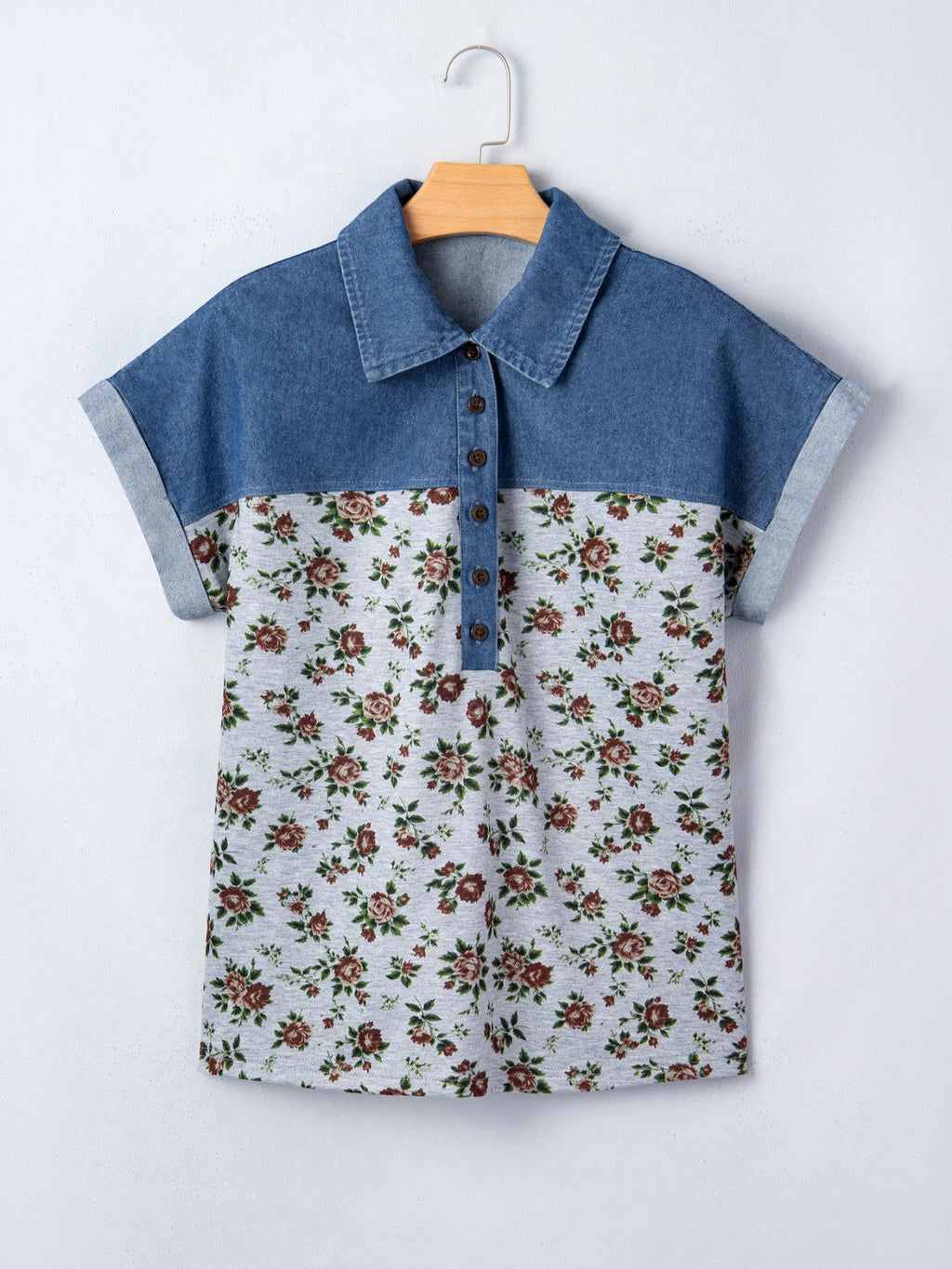 Floral Print Denim Patchwork Blouse