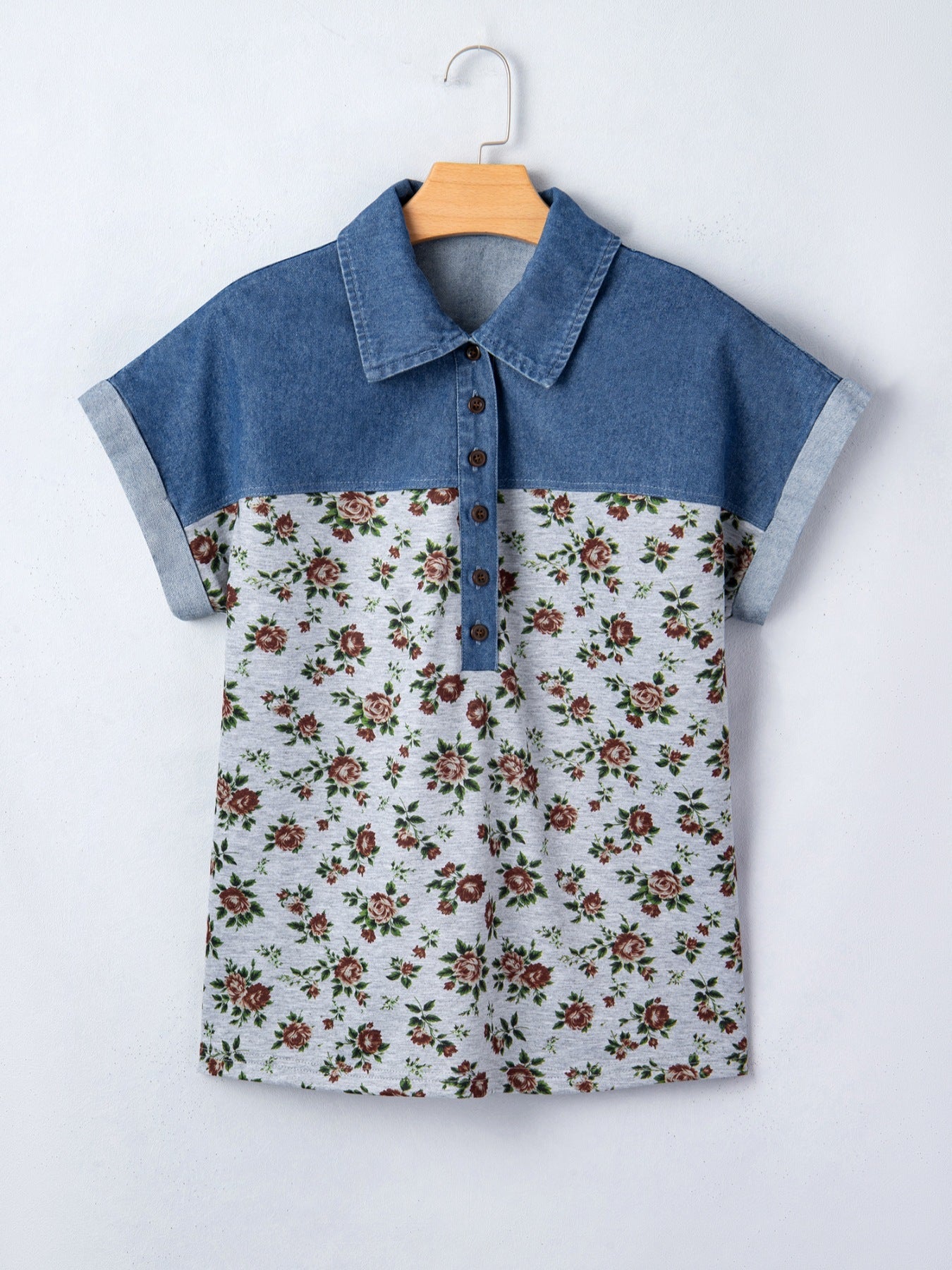 Floral Print Denim Patchwork Blouse