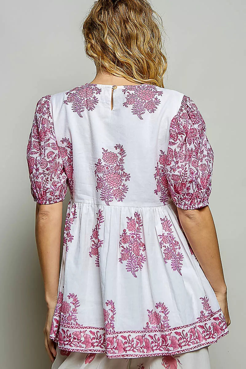 POL Vintage Hand Block Print Floral Woven Blouse