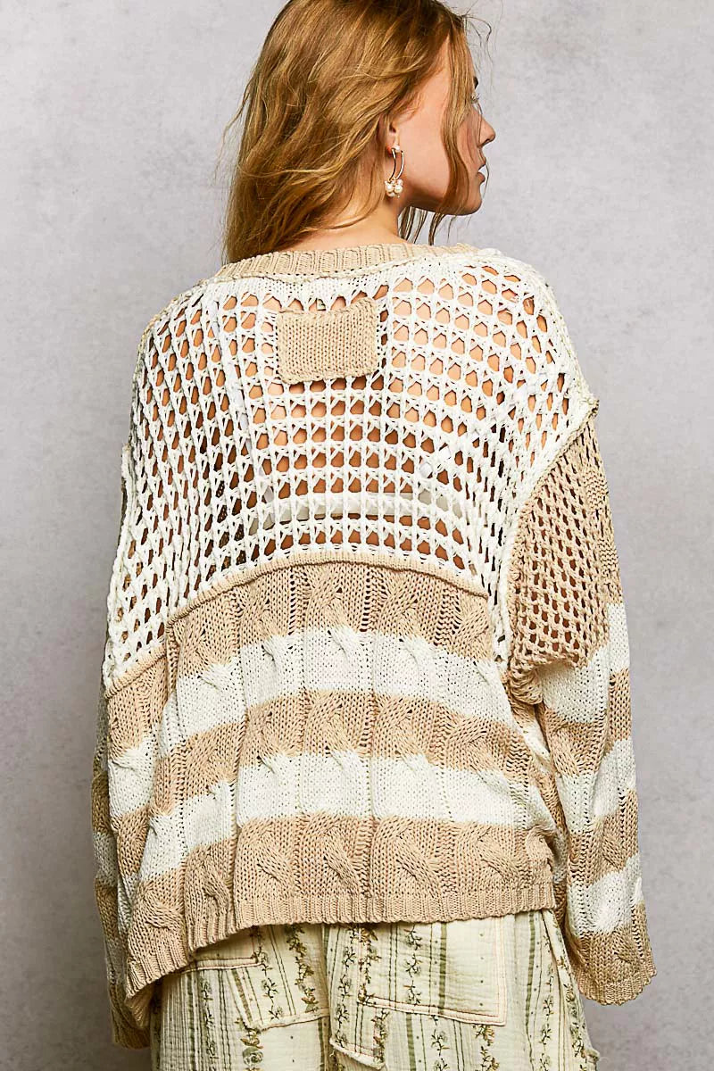 POL Color-Blocked Stripe Pattern Knit Top with Twisted Weave