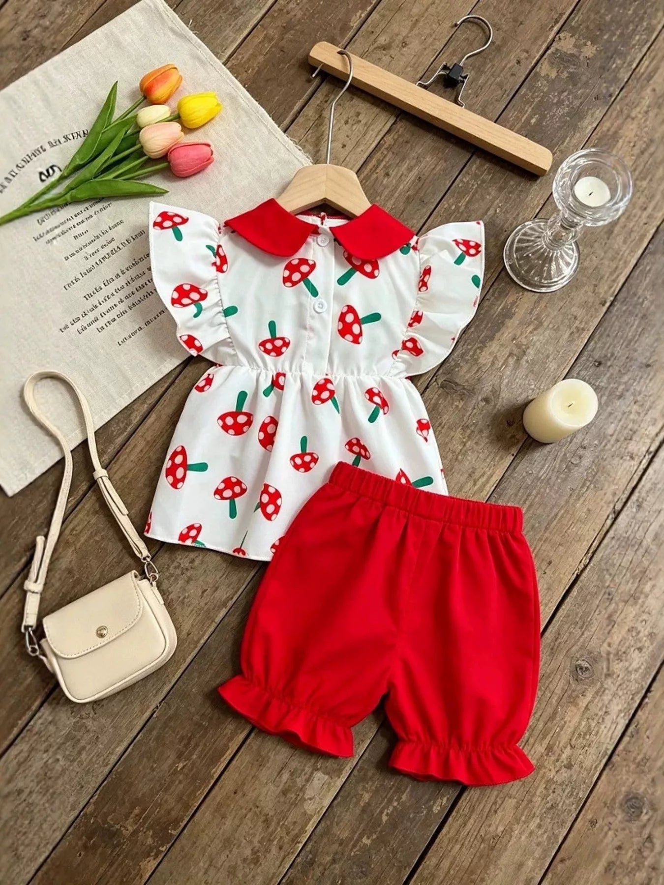 Children's Mushroom Print Ruffle Trim Top & Shorts Set