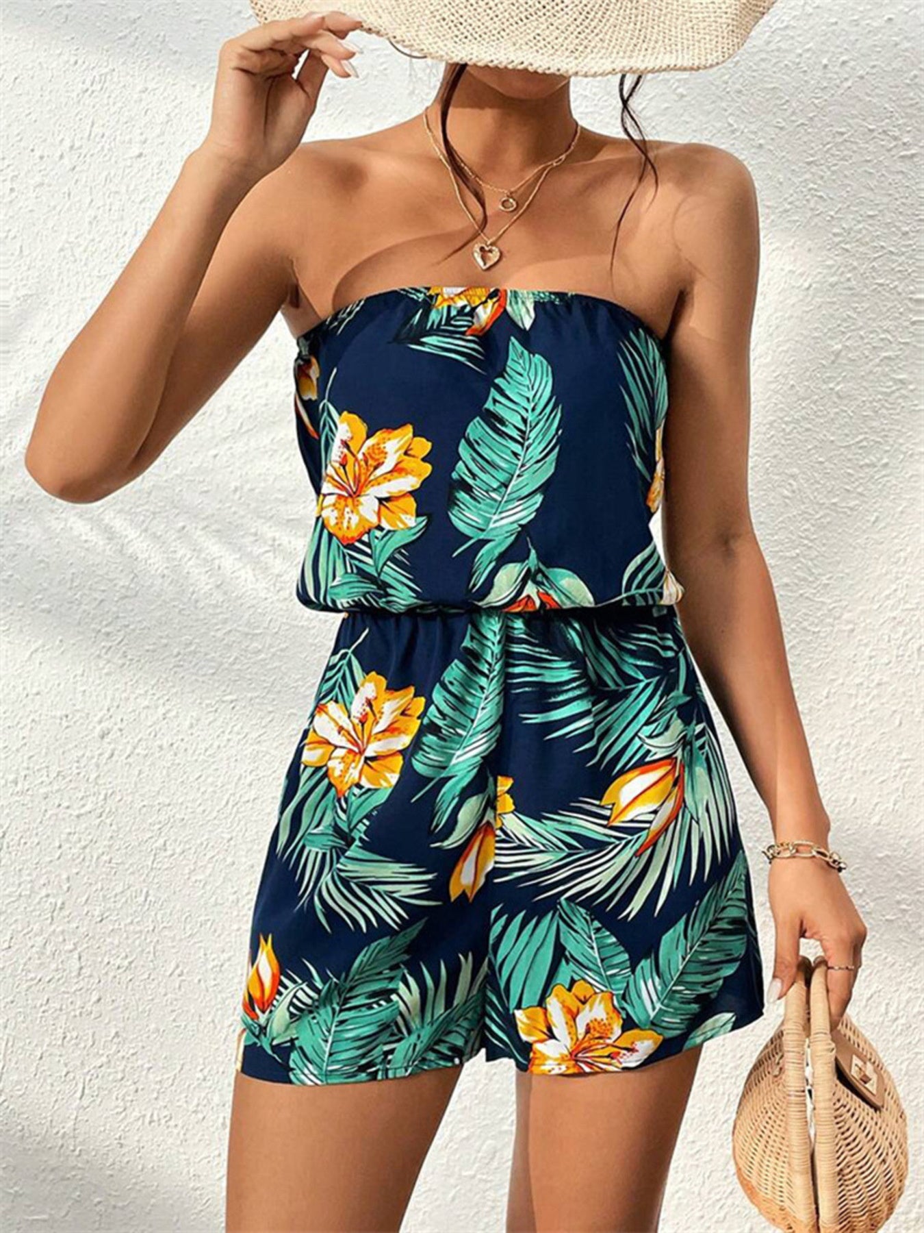 Tropical Print Strapless Elastic Waist Romper