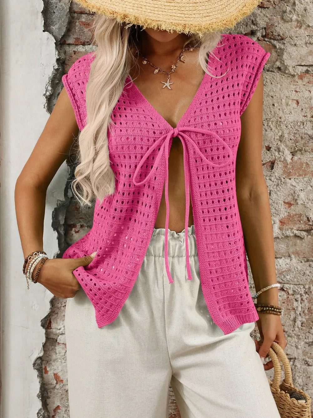 Tied Front Openwork V-Neck Knit Top