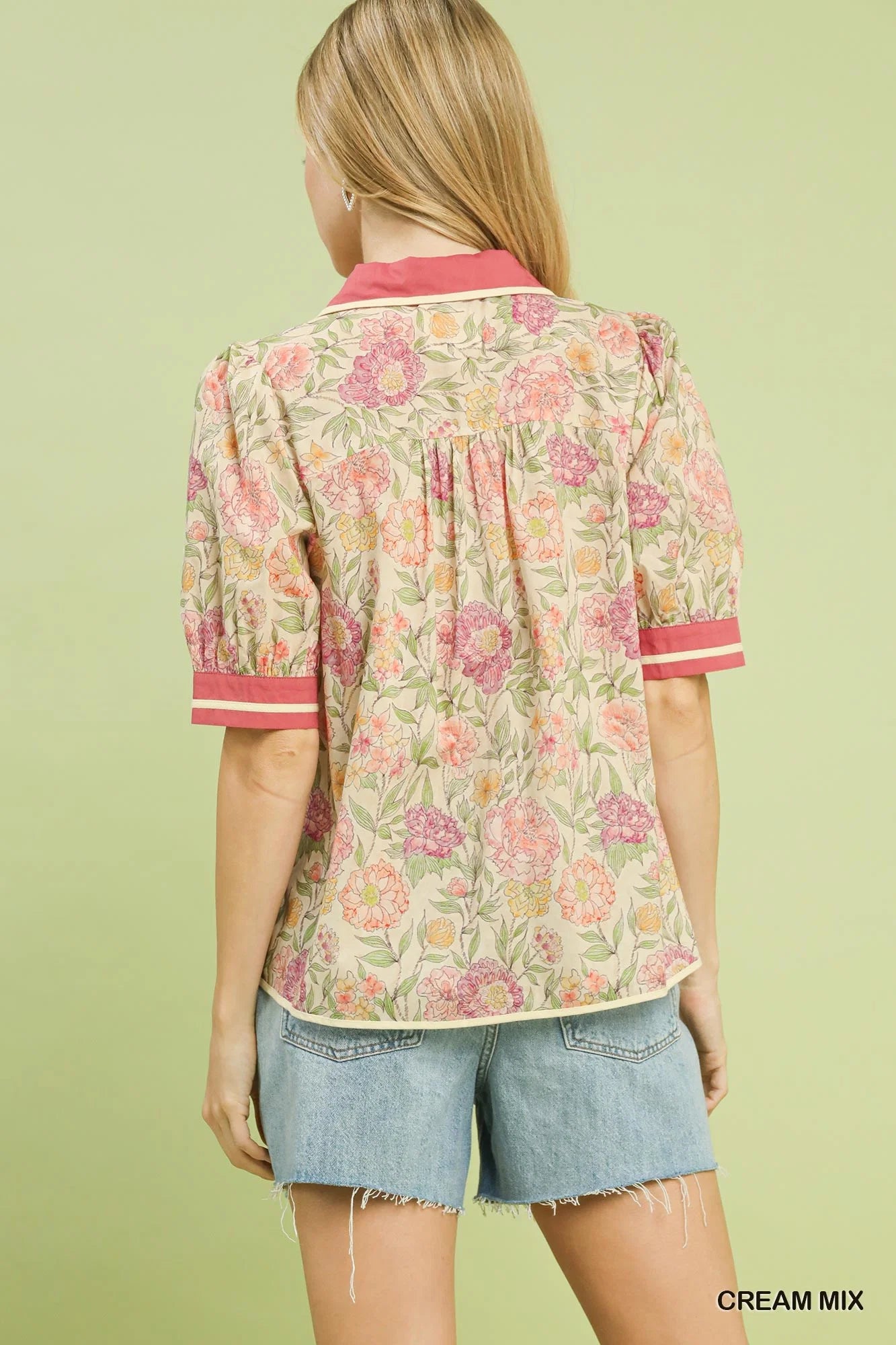 Umgee Mix Floral Puff Sleeve Blouse with Contrast Trim