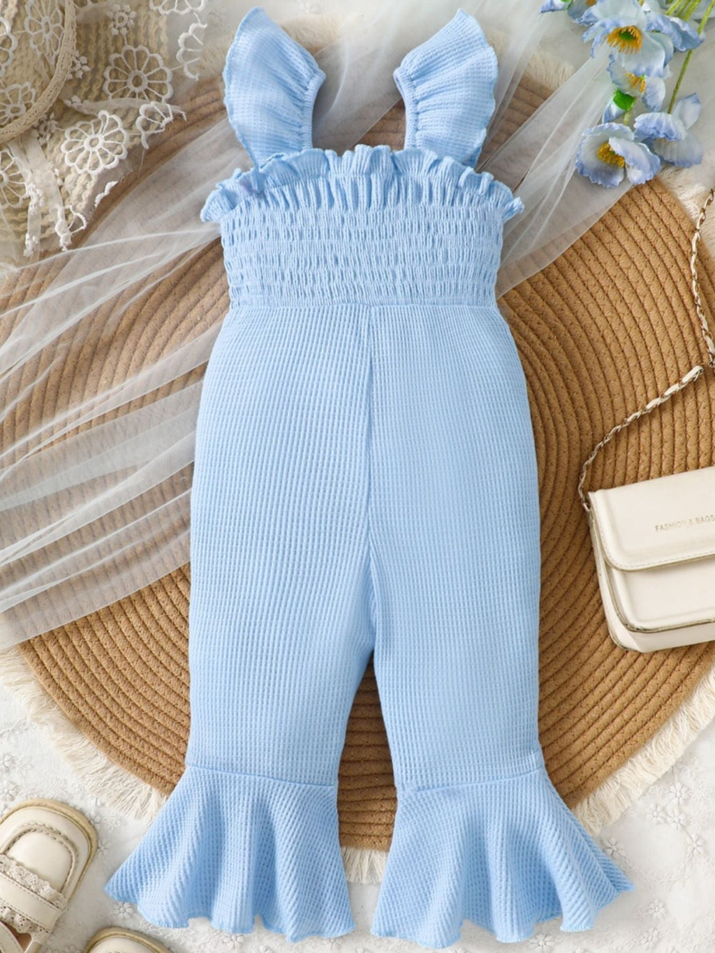 Children's Floral Decor Smocked Ruffle Hem Jumpsuit