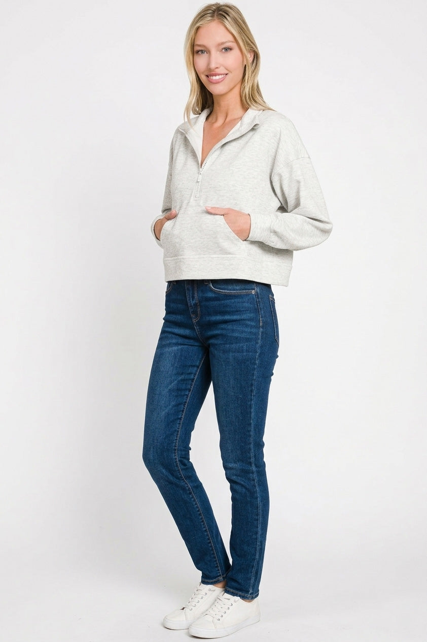 Zenana Scuba Half Zip Pullover With Kangaroo Pockets