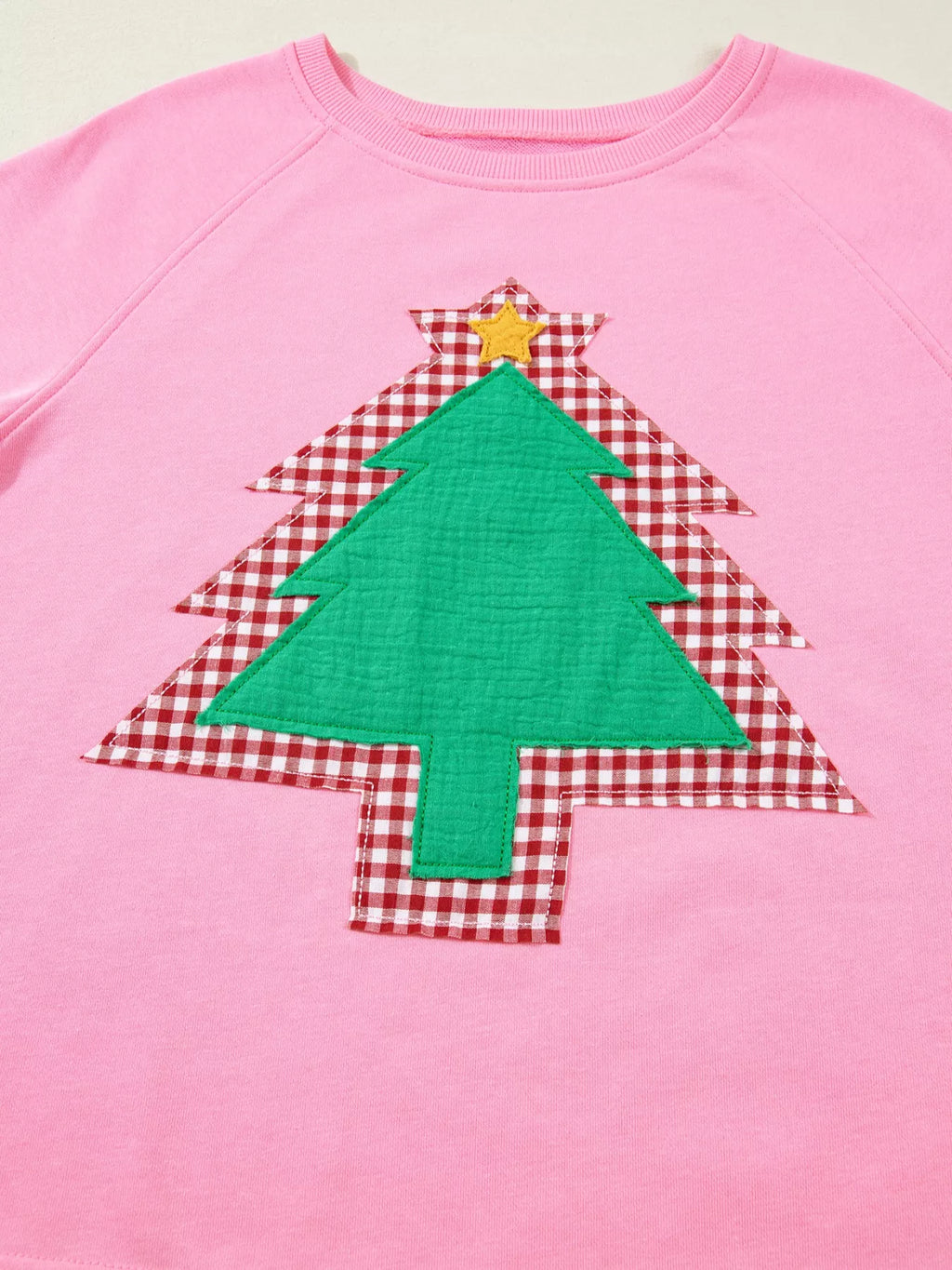 Plaid Contrasted Double Christmas Tree Patched Raglan Sleeve Pullover 2pcs Short Set