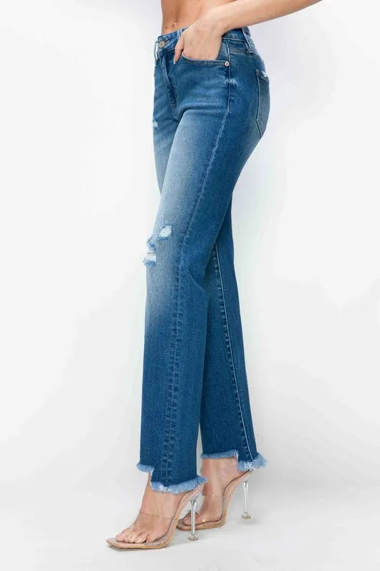 bytos Full Size Raw Hem Distressed Mid Rise Straight Jeans