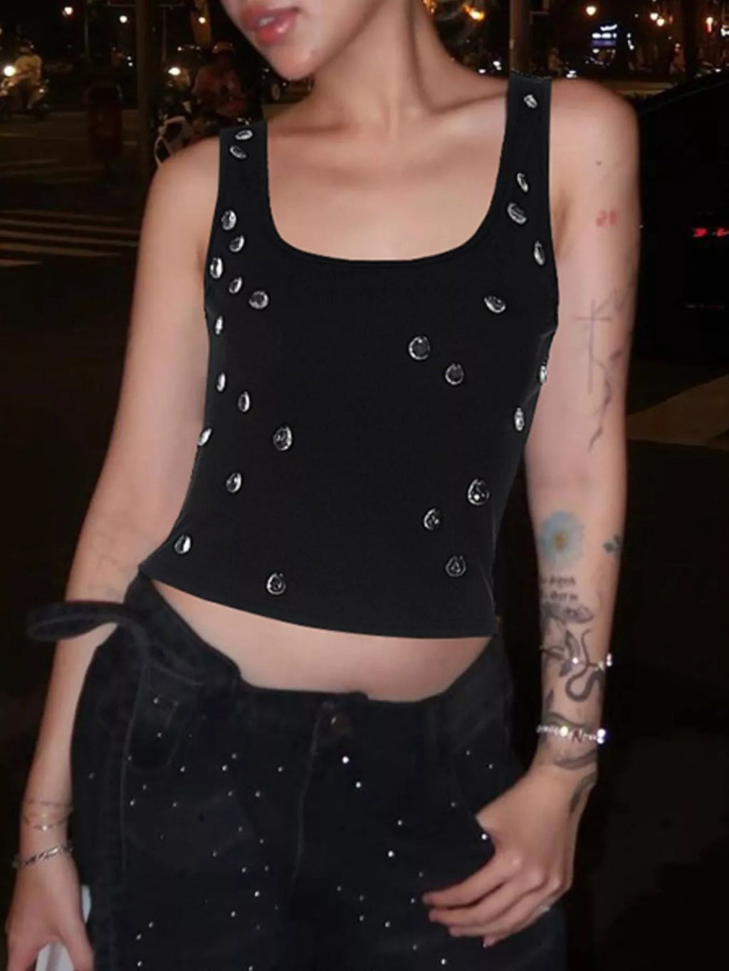 Bead Embellished Square Neck Tank
