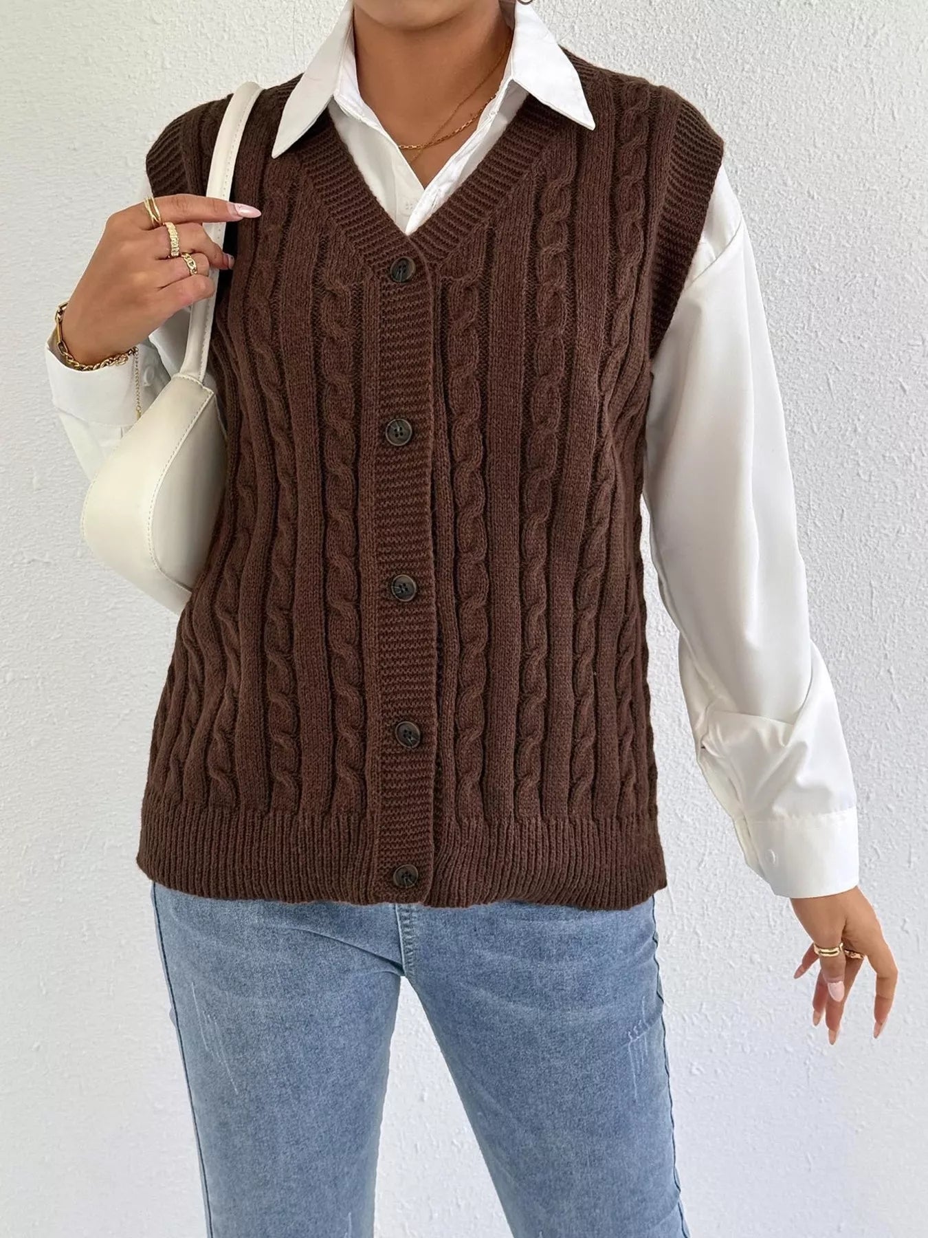 Cable-Knit Button-Up Sweater Vest