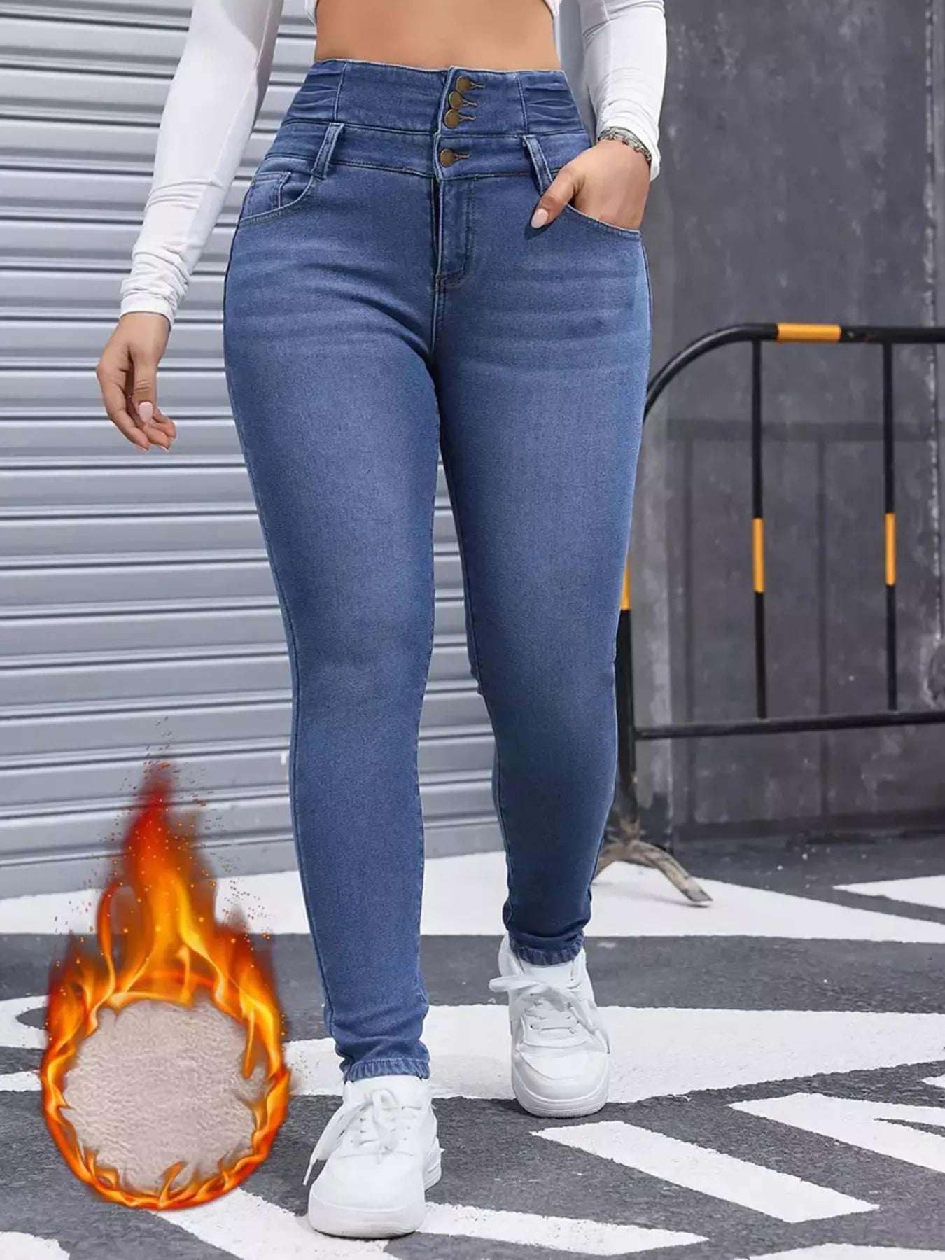 High-Waisted Slim Fit Fleece-Lined Jeans