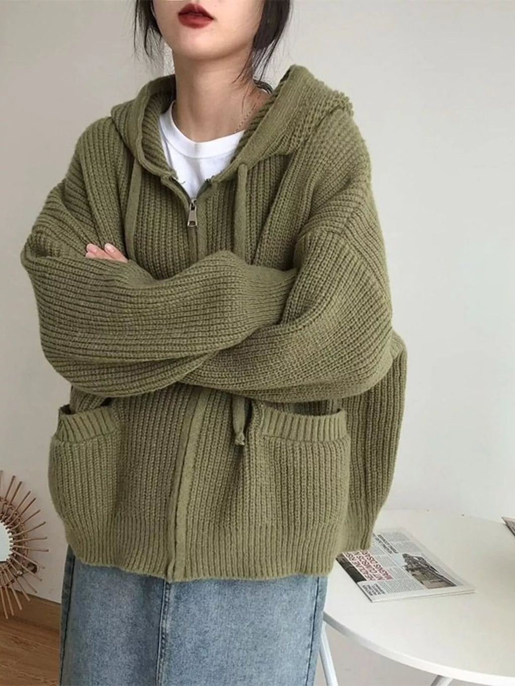Full Size Casual Knitted Zip-Up Hooded Cardigan Plus Size