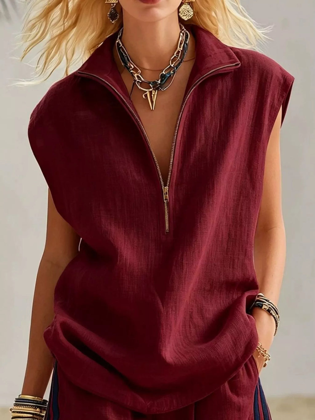 Full Size Zip Front Sleeveless Top and Striped Shorts Set Plus Size