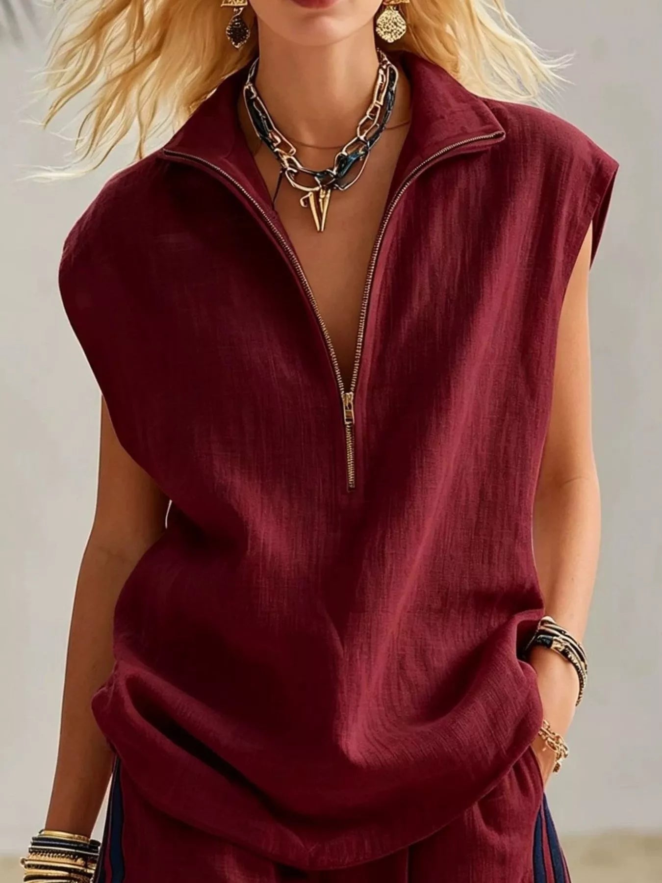 Full Size Zip Front Sleeveless Top and Striped Shorts Set Plus Size