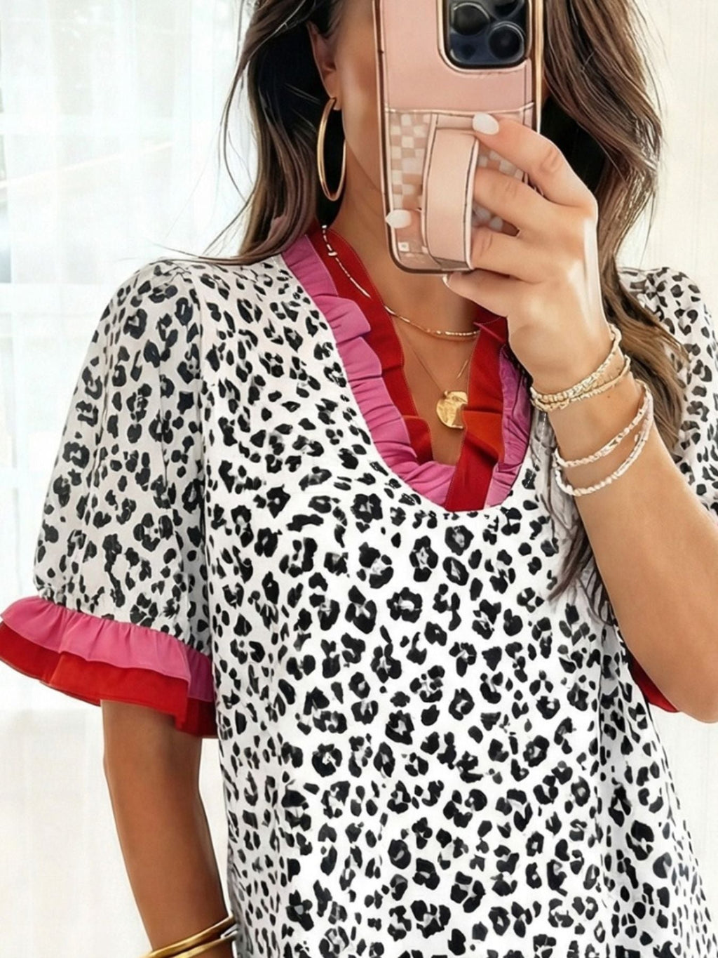 Leopard Print Frill Short Sleeve Blouse