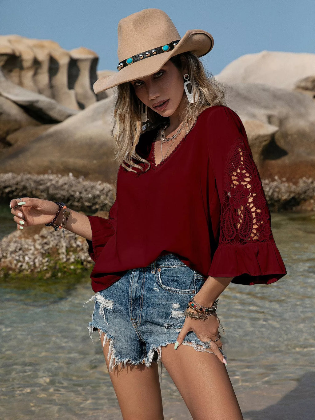 Plus Size Lace Sleeve V-Neck Blouse