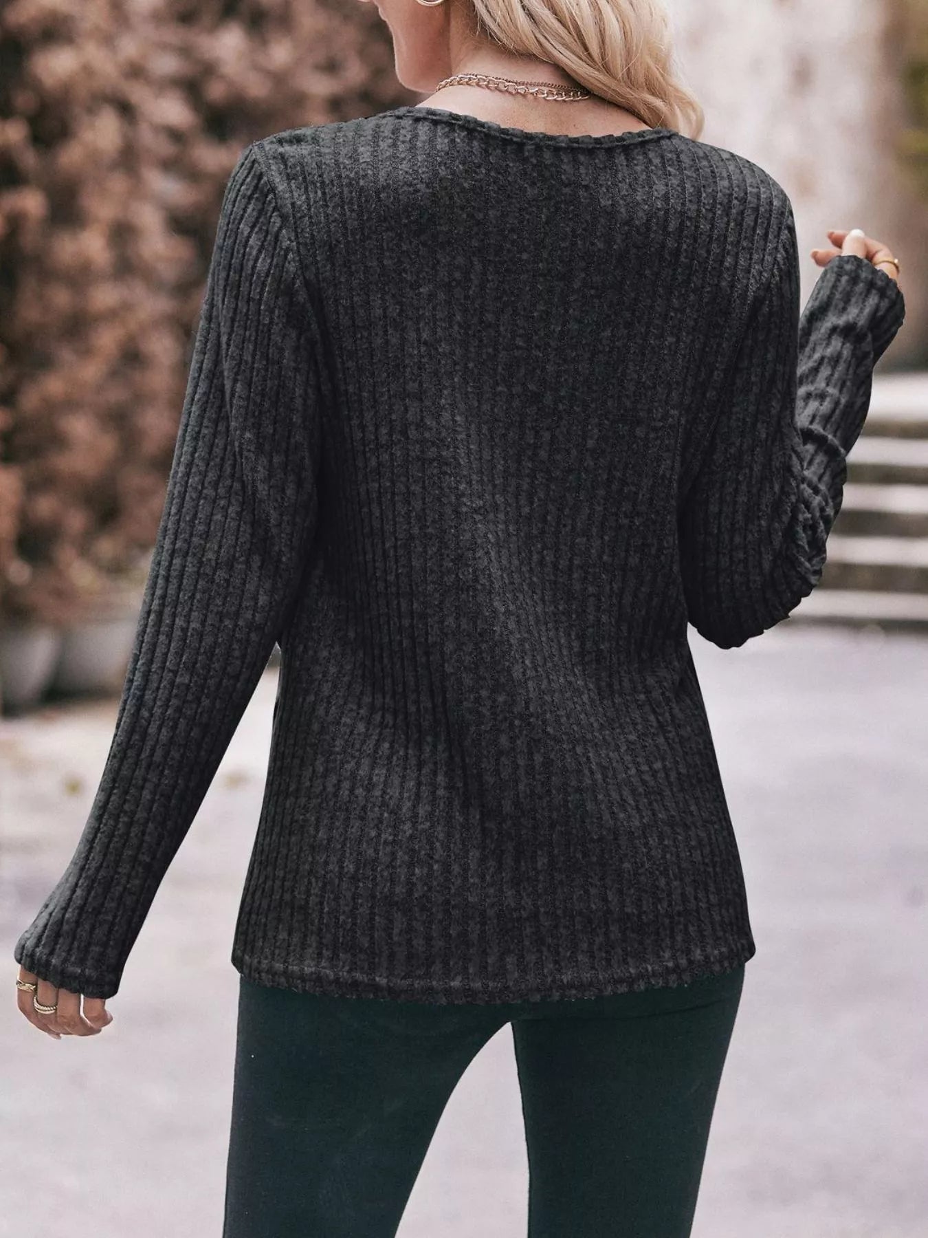 Ribbed Knit Long Sleeve T-Shirt