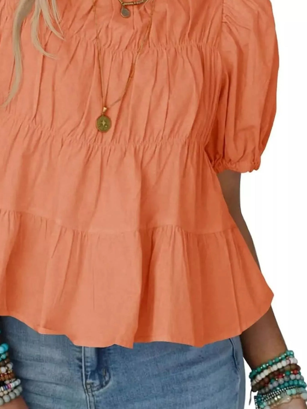 Ruched Tiered Puff Sleeve Blouse