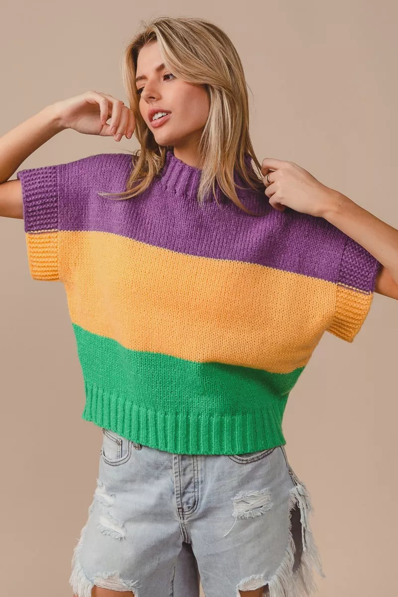 BiBi Mardi Gras Color Block Drop Shoulder Sweater Top