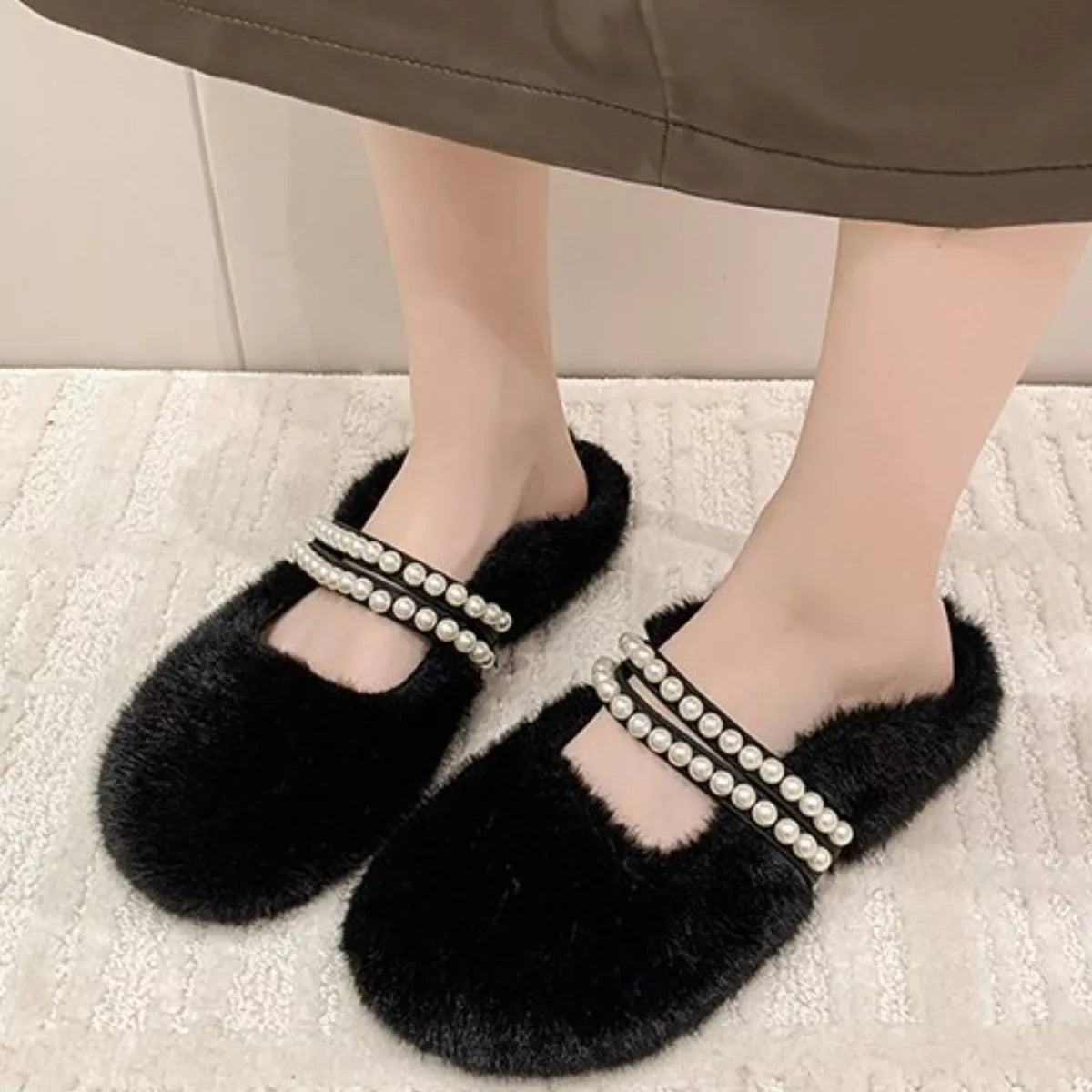 Pearl Embellished Plush Slippers