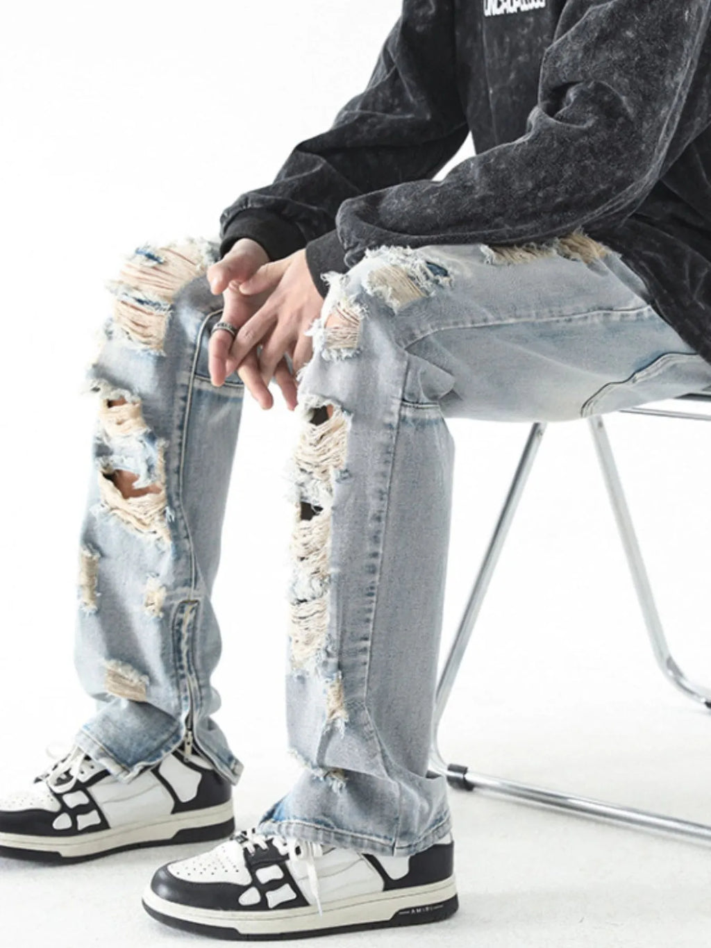 Men's Washed Distressed Straight Jeans