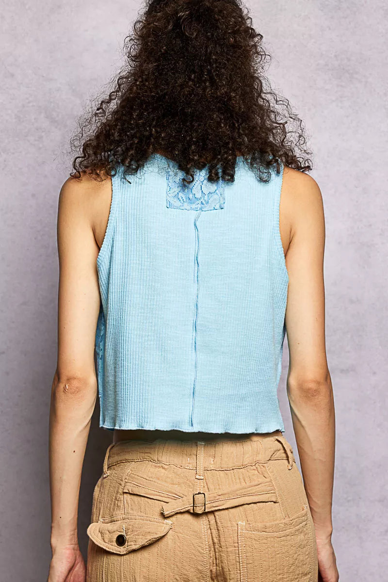 POL Ribbed Round Neck Cropped Tank with Lace Detail