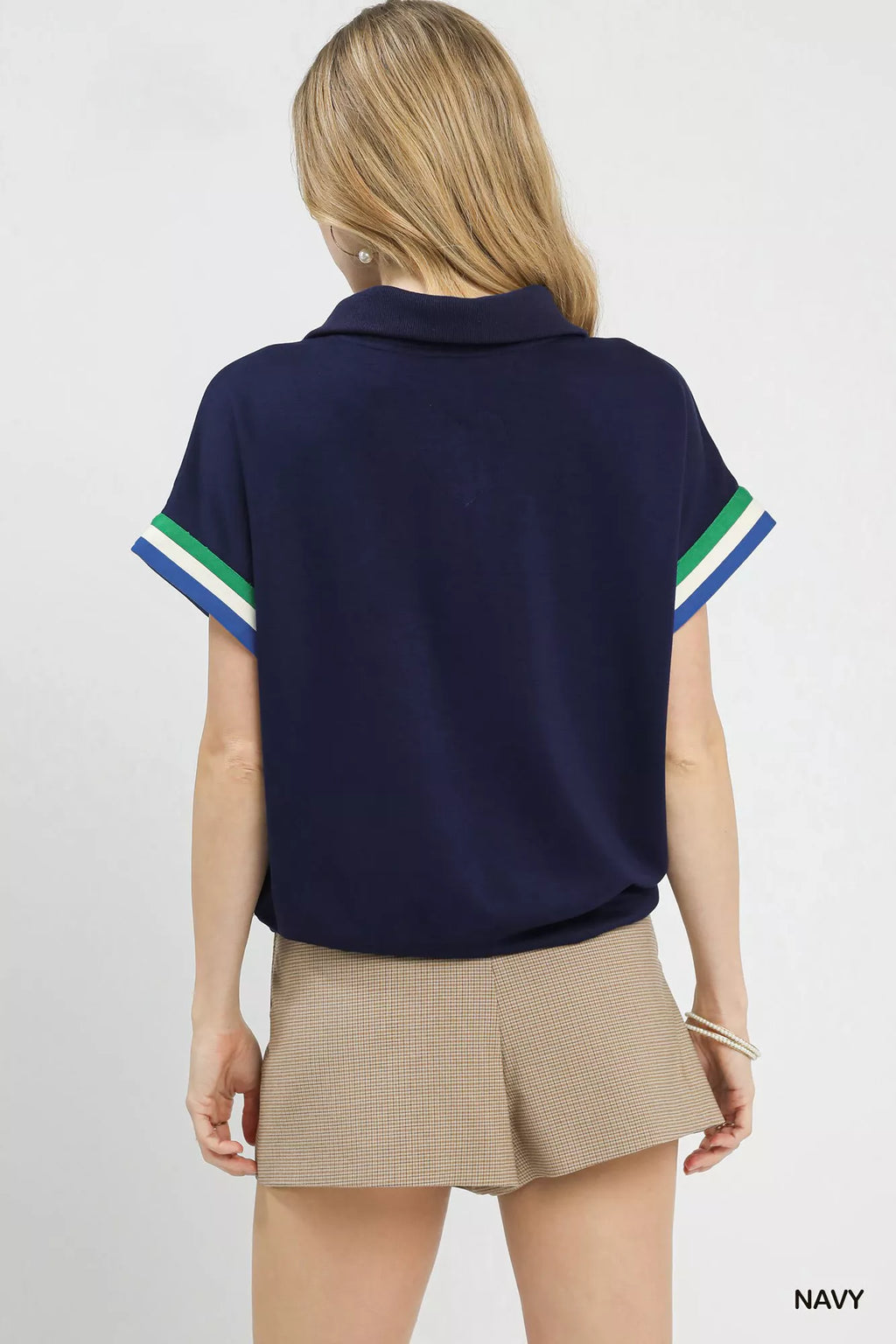 Umgee Zip Front Casual Top with Contrast Stripe Trim