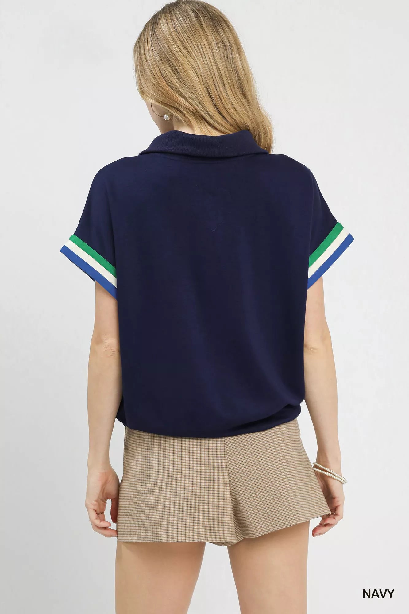 Umgee Zip Front Casual Top with Contrast Stripe Trim