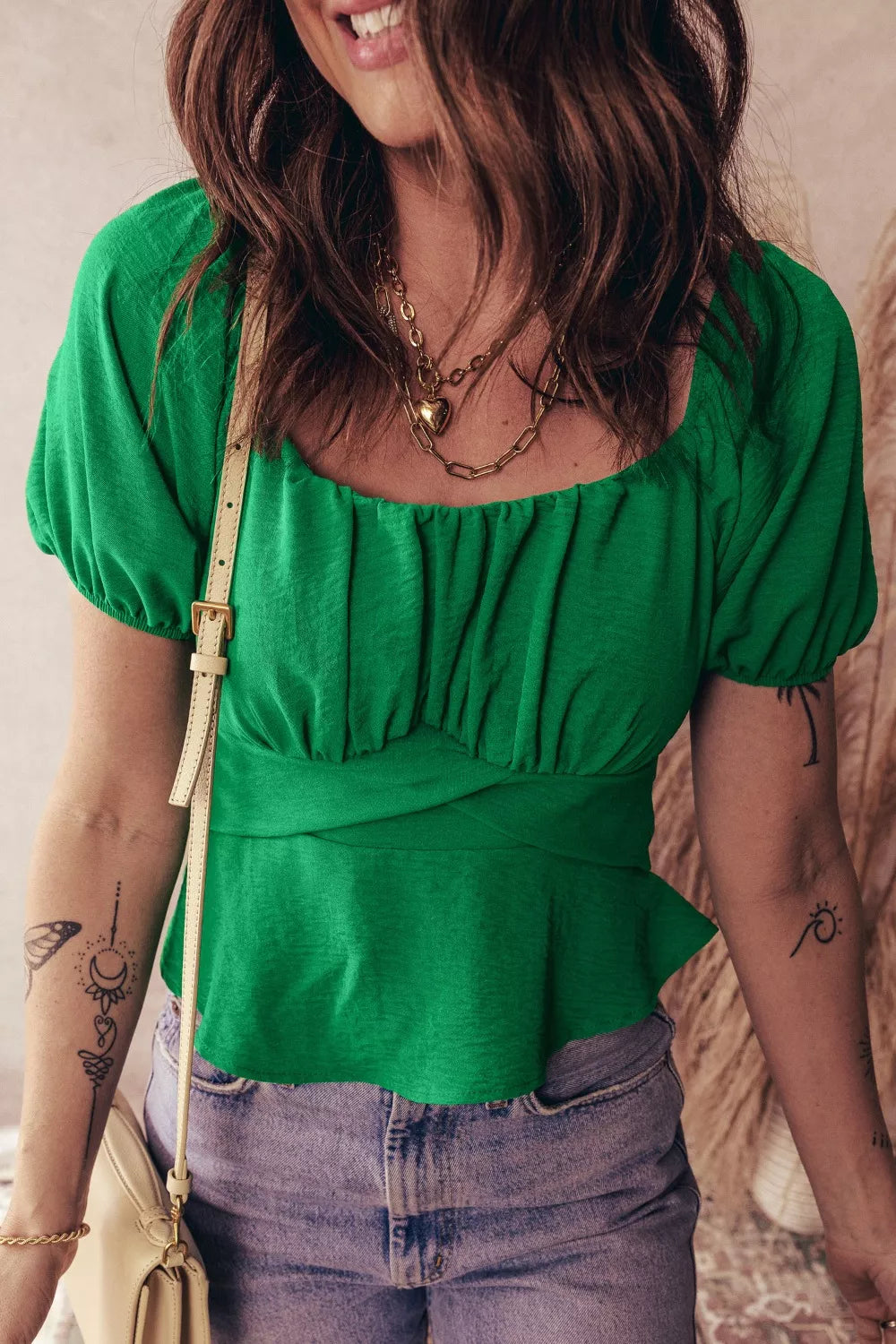 Solid Color Ruched Crossed Waist Tied Back Short Sleeve Peplum Top