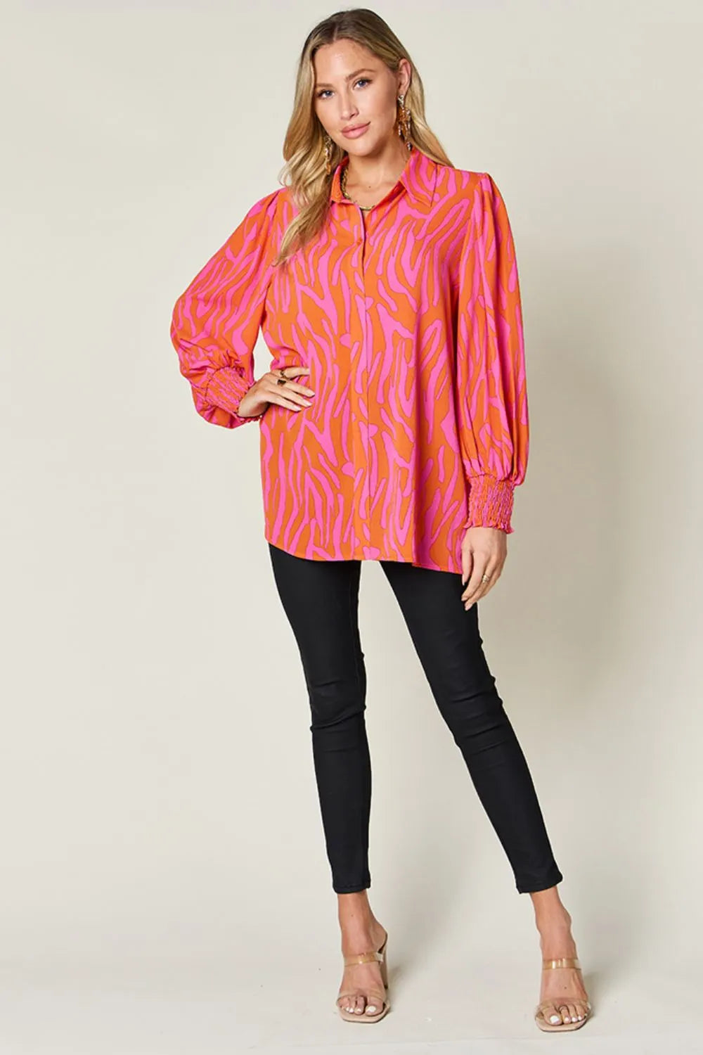 Double Take Full Size Printed Smocked Long Sleeve Blouse Plus Size