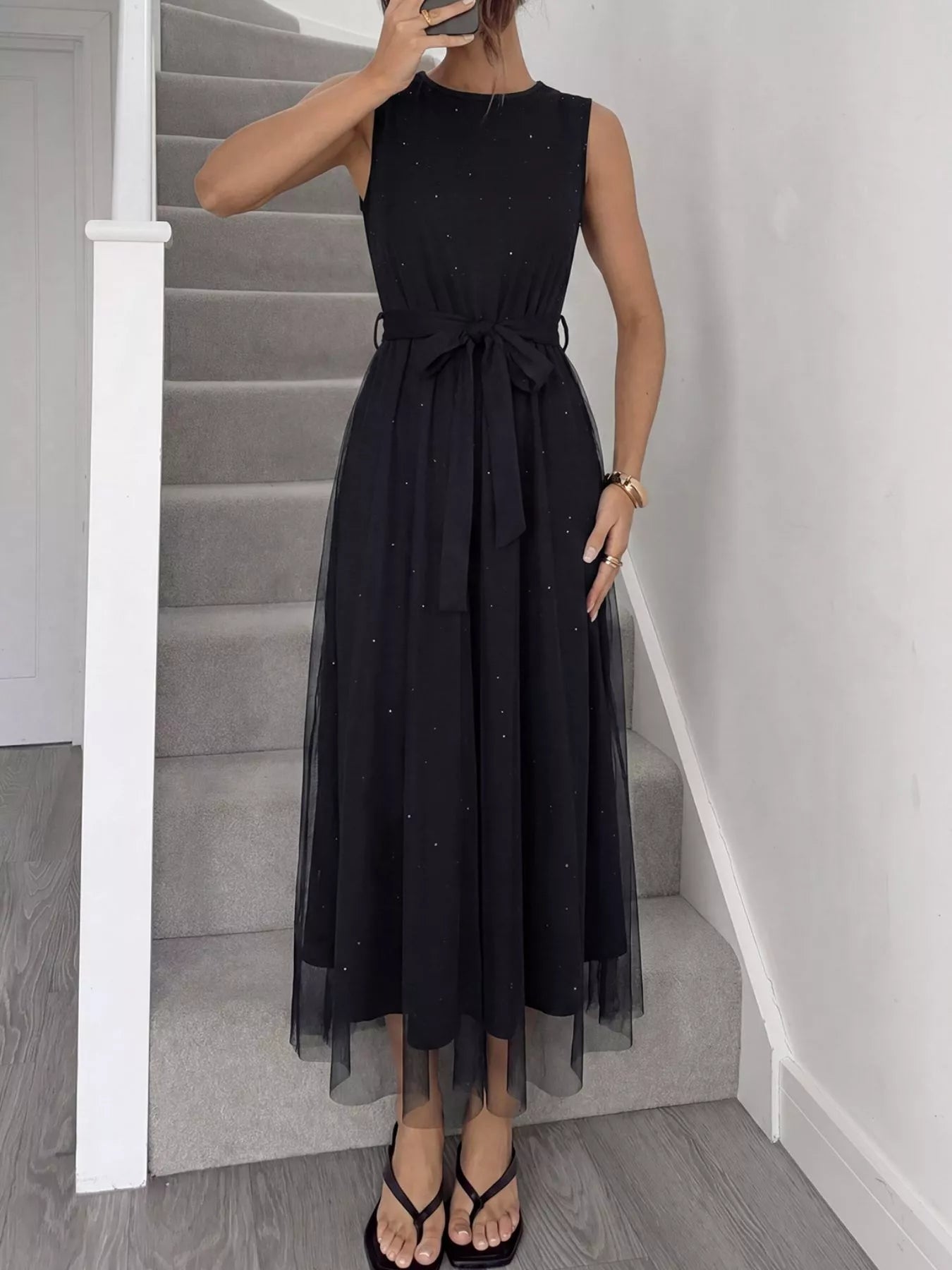 Glitter Sleeveless Tulle Midi Dress