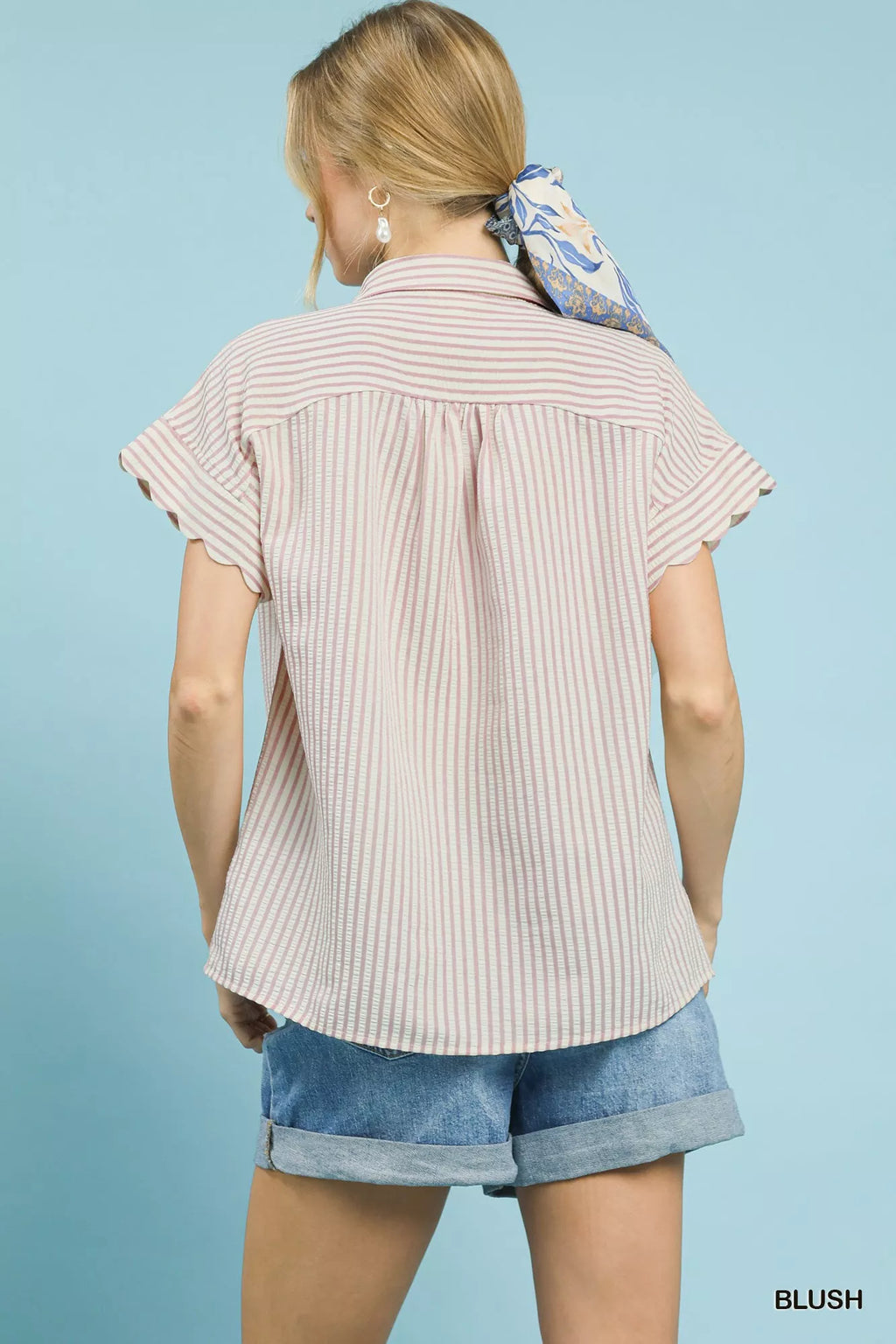 Umgee Striped Button-Down Top with Scallop Sleeves