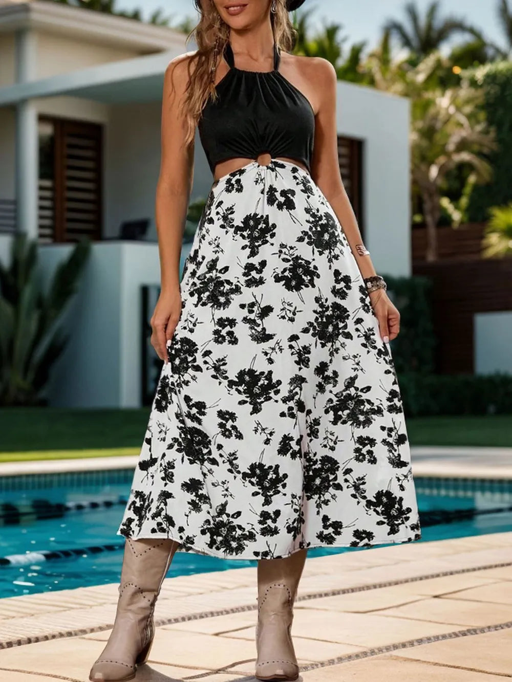 Perfee Backless Printed Halter Neck Midi Dress
