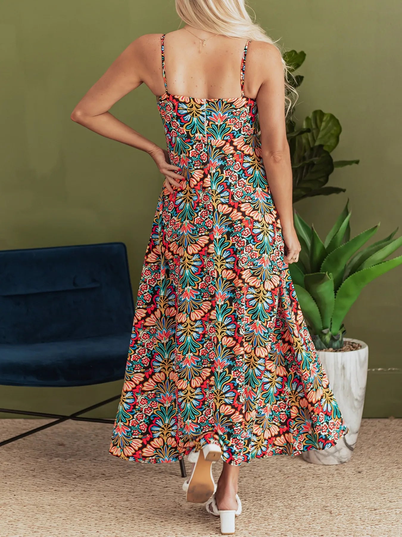 Floral Print Thin Straps High Waist Maxi Dress