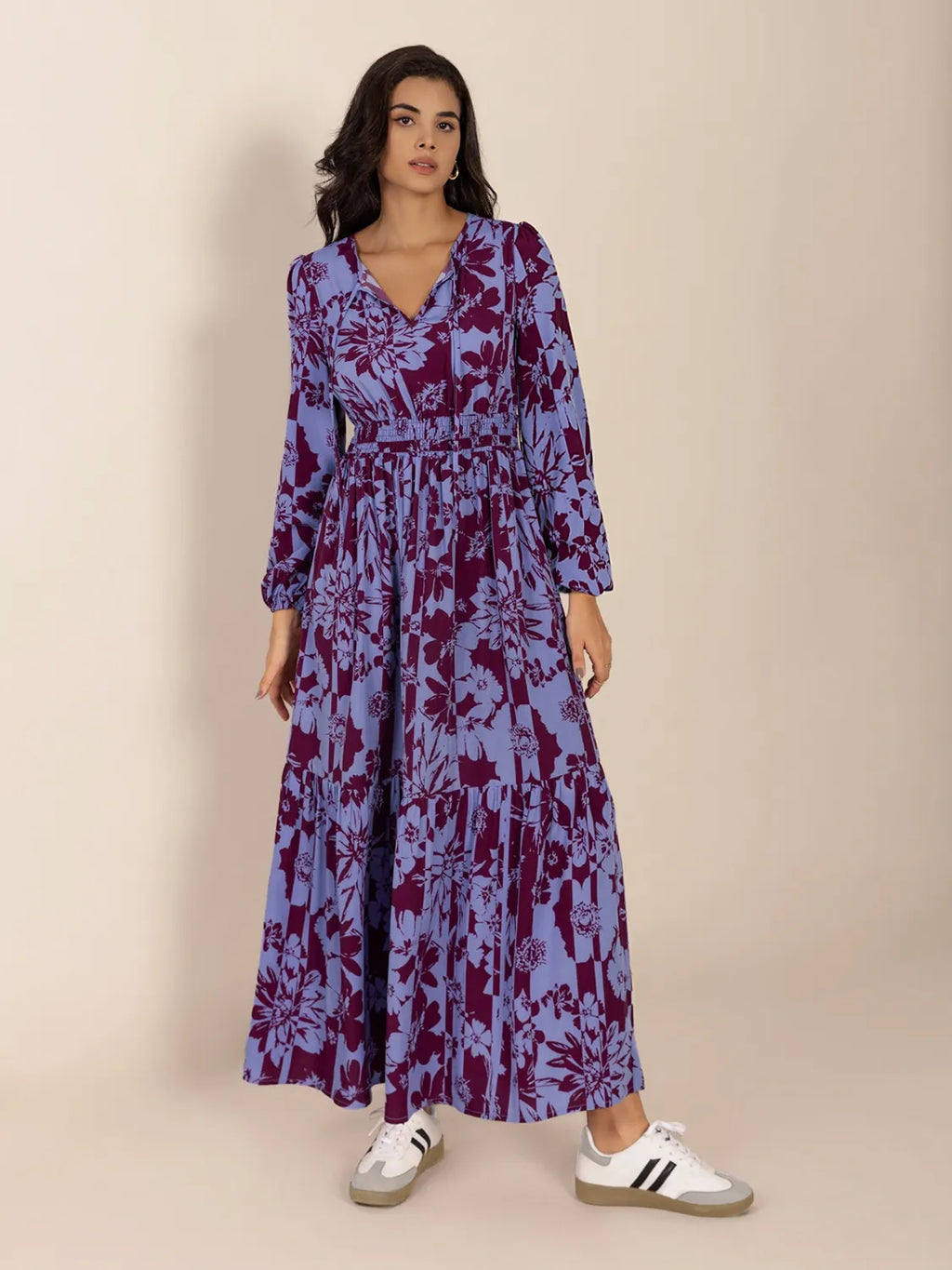 Printed Tie Neck Balloon Sleeve Maxi Dress