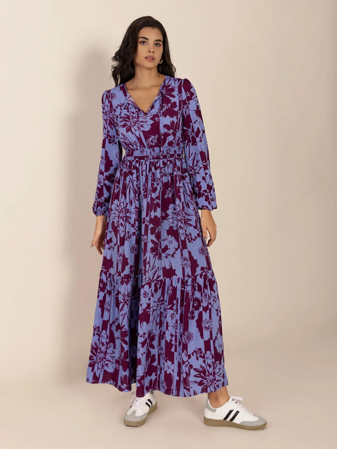 Printed Tie Neck Balloon Sleeve Maxi Dress