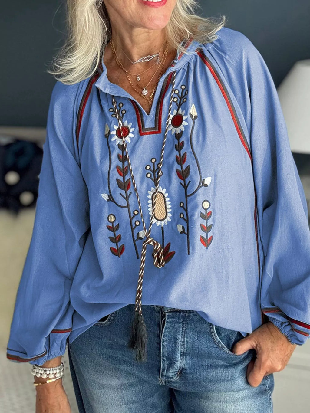 Floral Embroidered Split Neck Tassel Tie Puff Sleeve Blouse