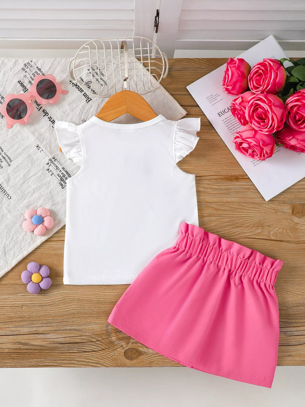 Children's Floral Applique Ruffle Sleeve Top & Skirt Set
