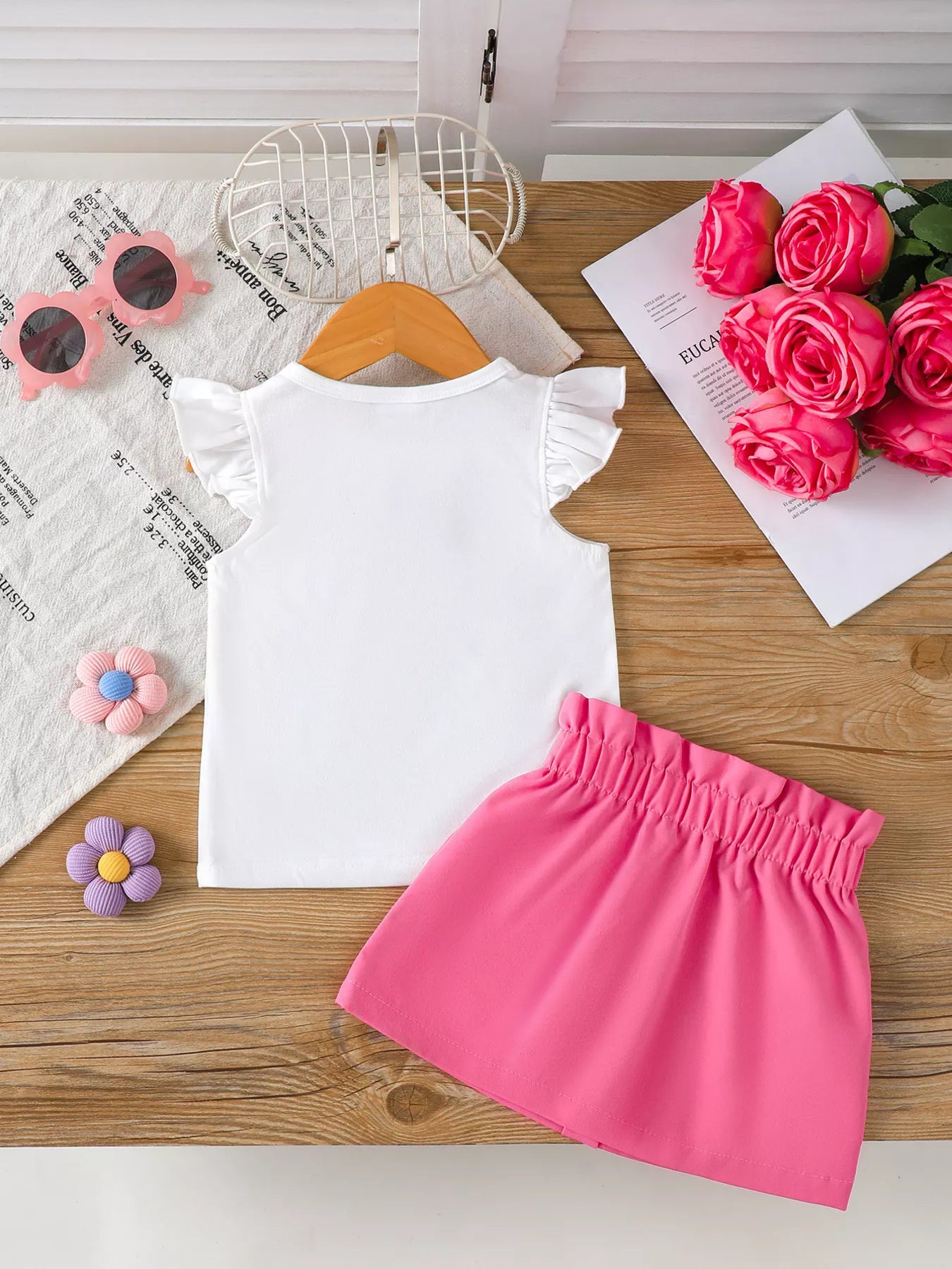Children's Floral Applique Ruffle Sleeve Top & Skirt Set