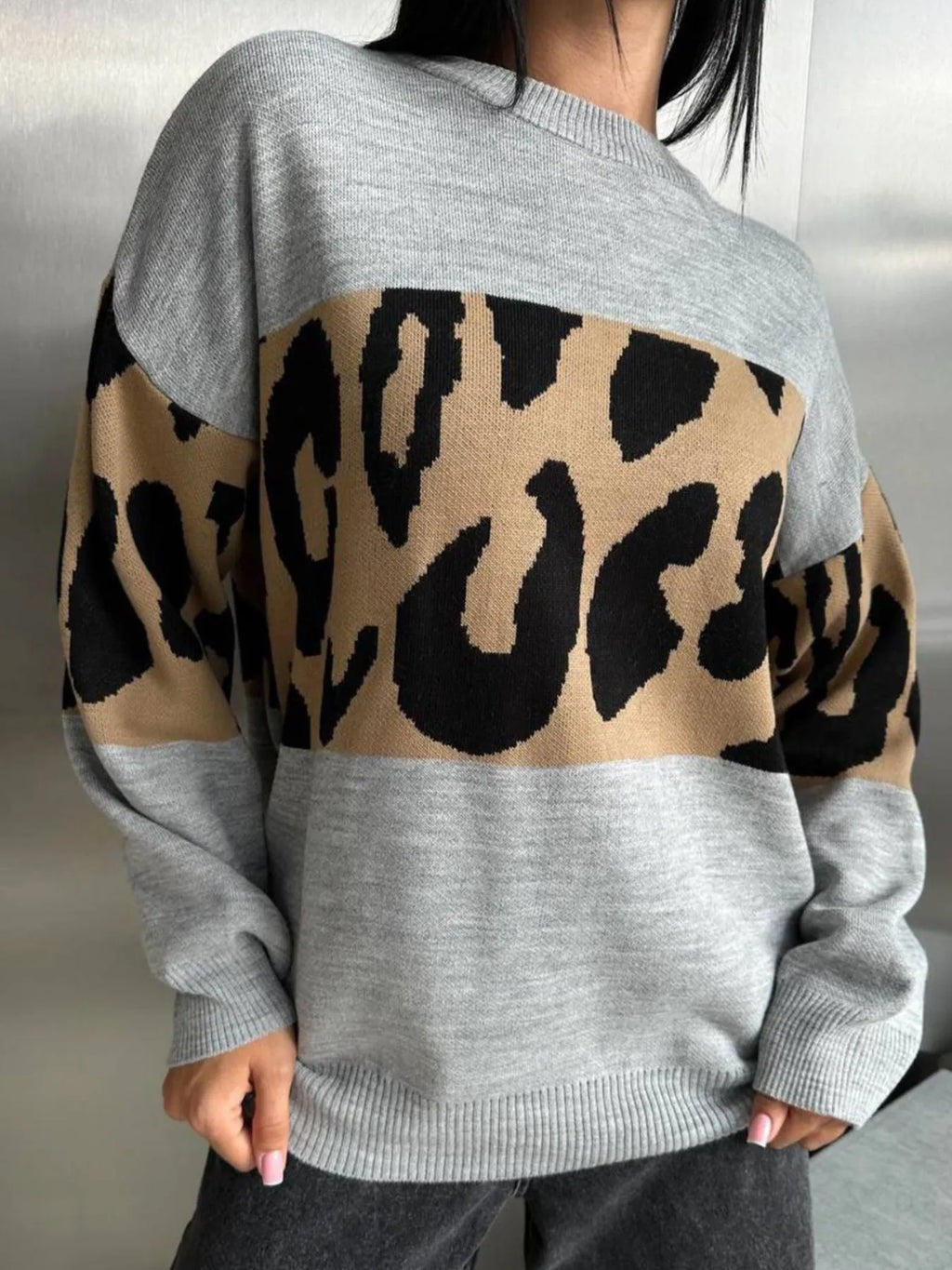 Leopard Color Block Round Neck Sweater