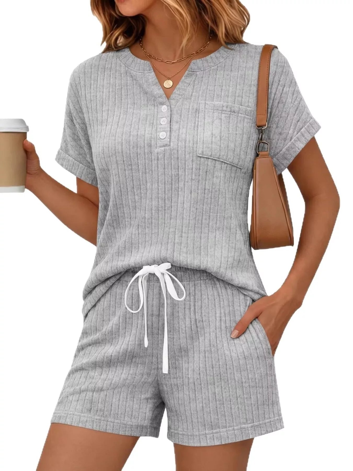 Casual Ribbed Knit Tee and Shorts Set