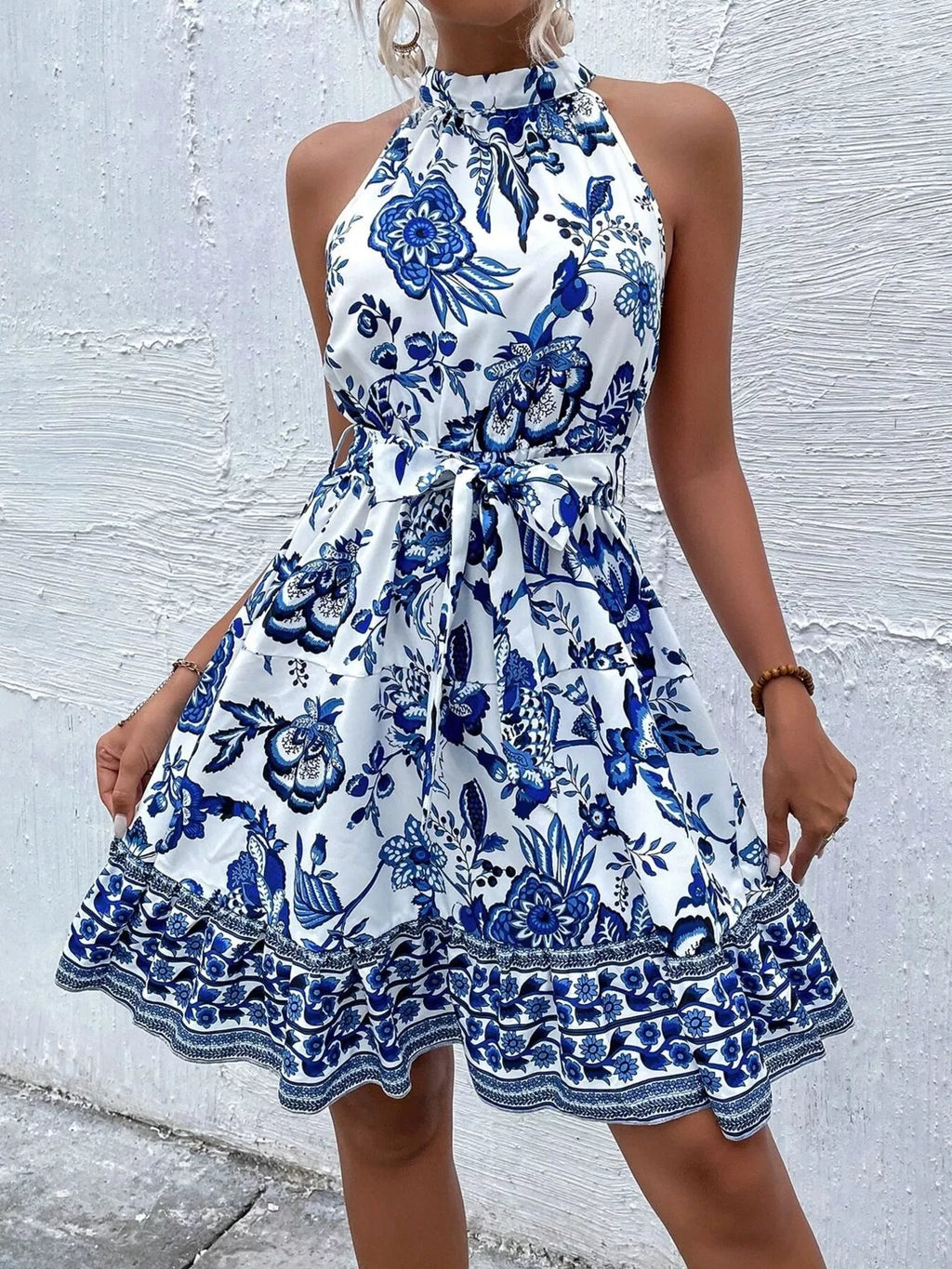 Printed Sleeveless Tie Waist Dress