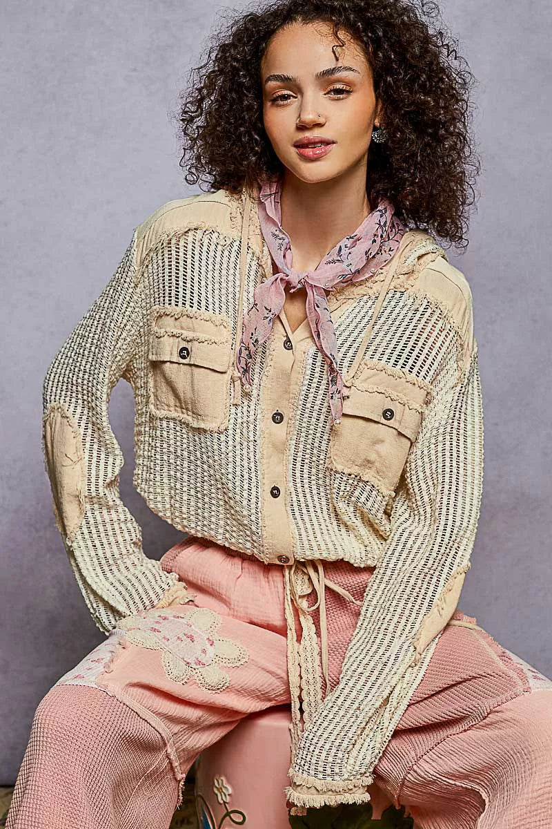 POL Texture Woven Button Down Hooded Shirt with Drawstring Hem