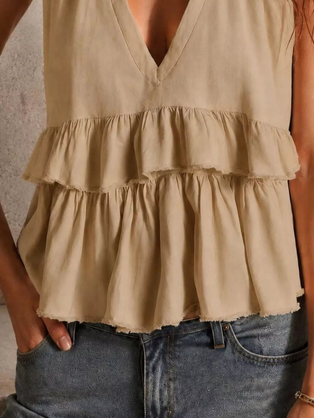 Ruffled V-Neck Sleeveless Top