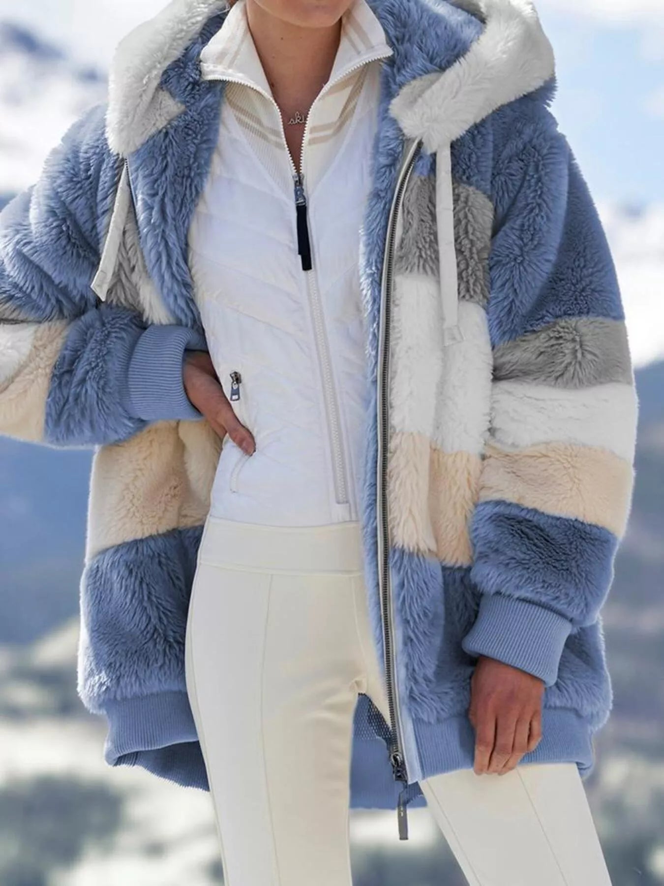 Full Size Fuzzy Zip Up Hooded Outerwear Plus Size